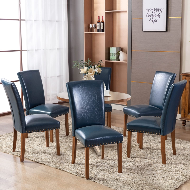 Elegant Blue Leather Dining Chairs with Wooden Legs
