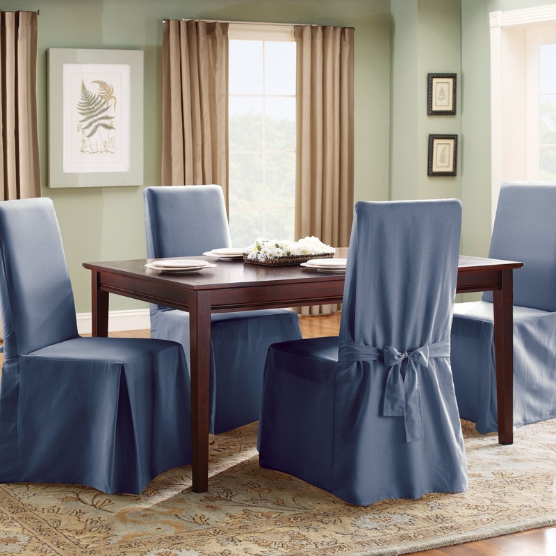 Elegant Blue Slipcovered Dining Chairs with Arms