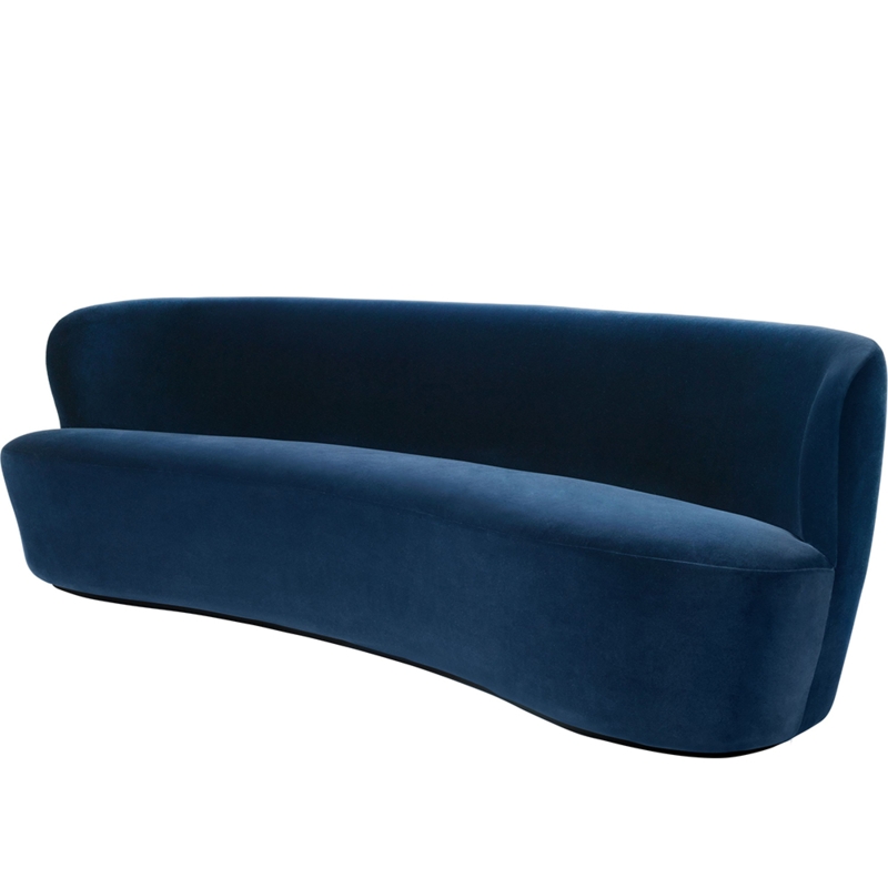 Elegant Curved Blue Velvet Stay Sofa by GUBI
