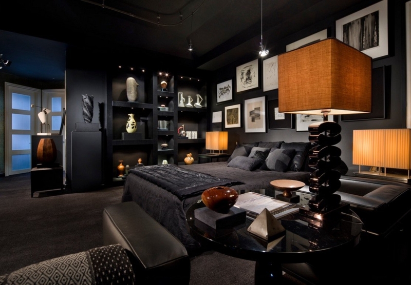 Elegant Dark Masculine Bedroom with Warm Lighting
