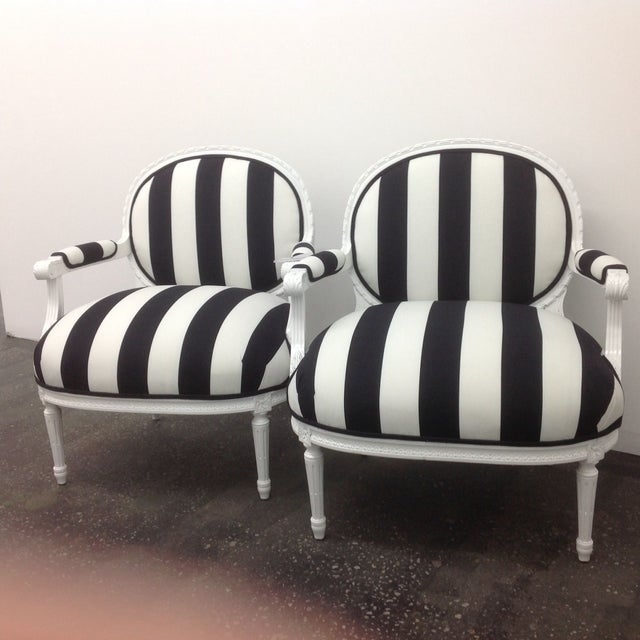 Elegant French Black and White Striped Armchairs