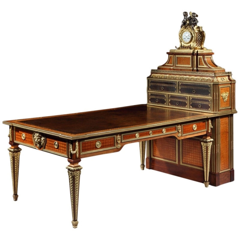 Elegant French Inlaid Writing Desk with Antique Clock