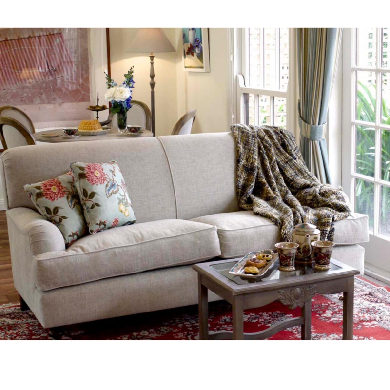 Elegant French Provincial Linen Sofa with Floral Accents