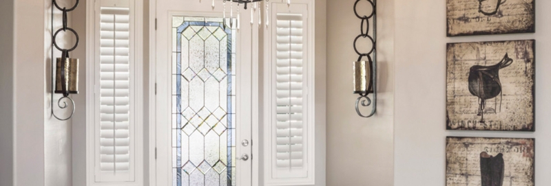 Elegant Front Door with White Polywood Sidelight Shutters