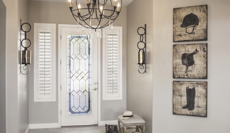 Elegant Front Door with White Sidelight Shutters