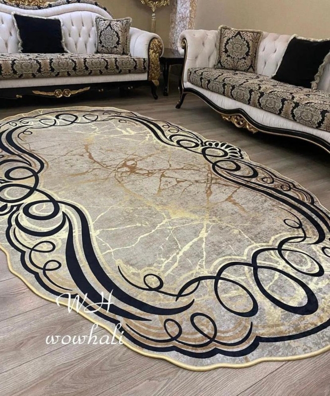 Elegant Gold and Black Patterned Asymmetric Rug
