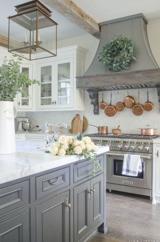 Elegant Gray Farmhouse Range Hood Kitchen Design