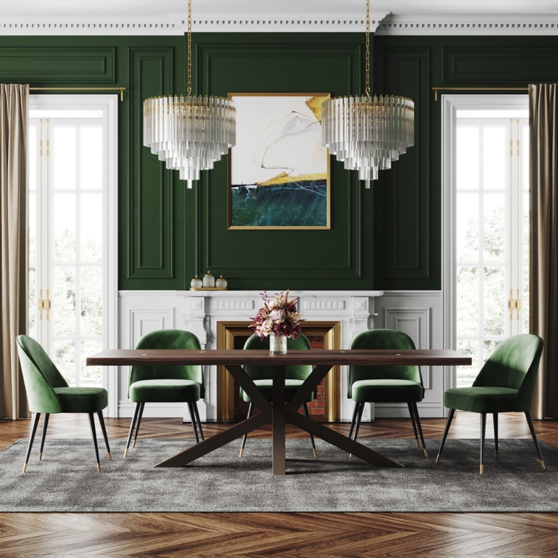 Elegant Green Dining Room with Modern Velvet Chairs