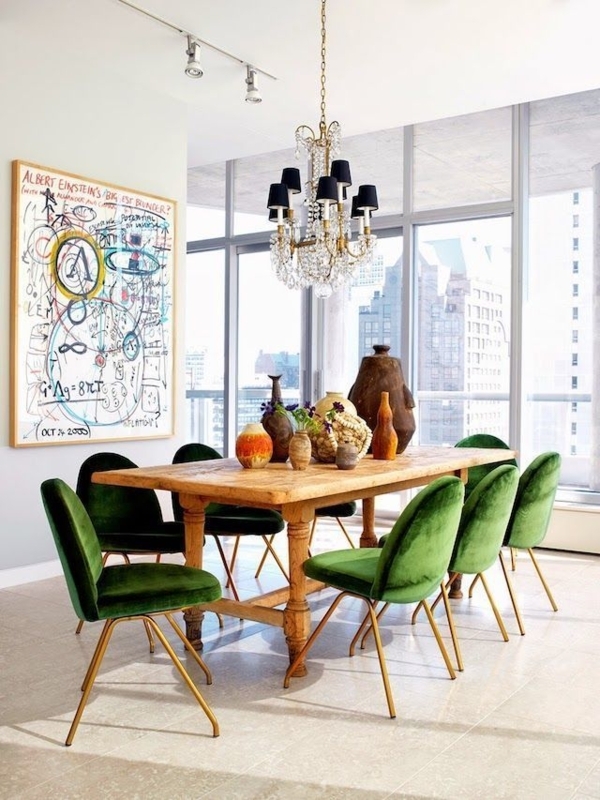 Elegant Green Velvet Dining Chairs with Wooden Table