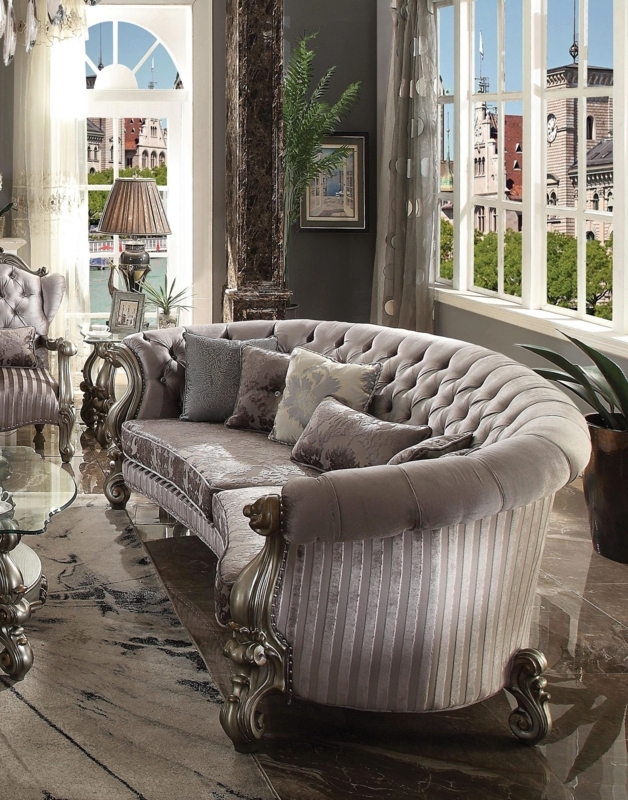 Elegant Grey Velvet Antique Style Oval Sofa