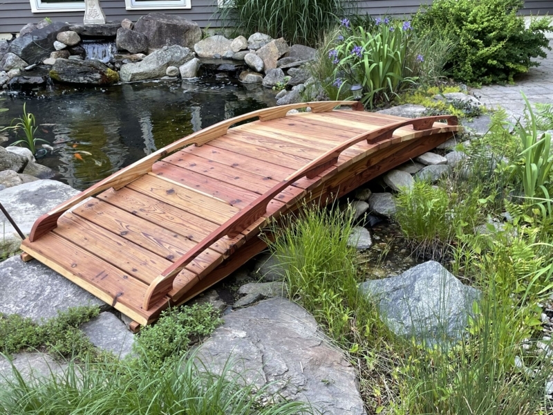 Elegant Japanese Wooden Garden Bridge Over Pond