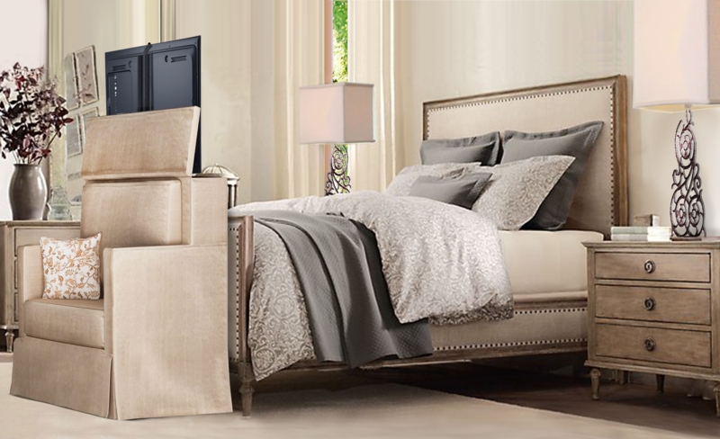 Elegant King Bed with Built-in TV Lift Footboard