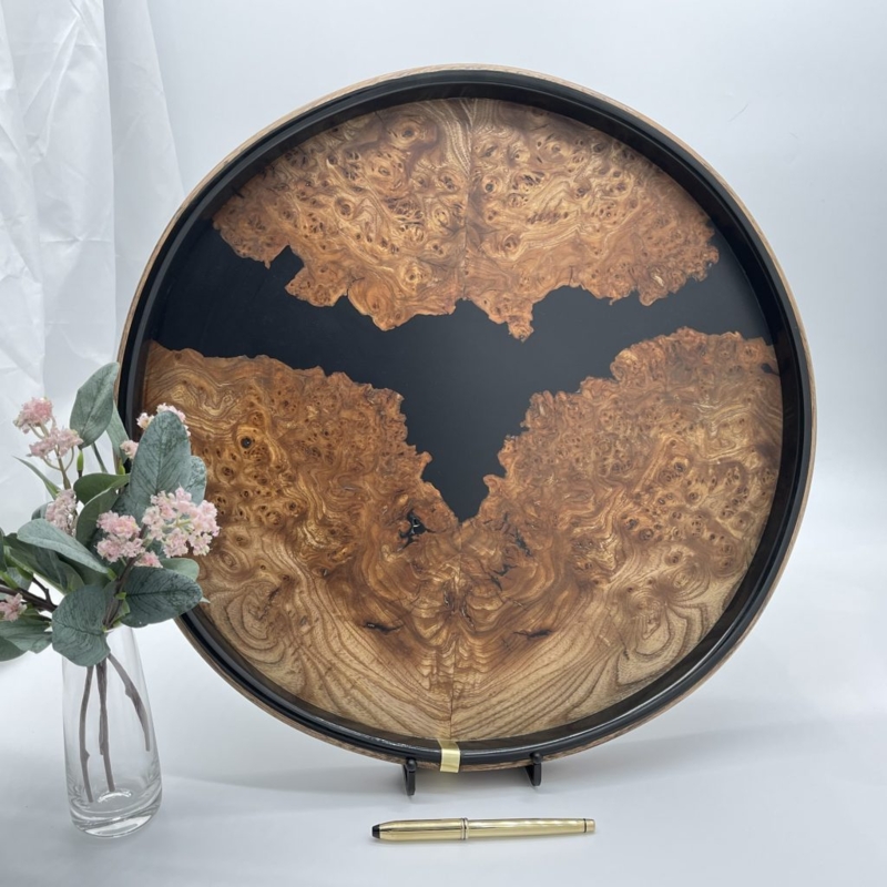 Elegant Large Round Burr Wood Ottoman Tray