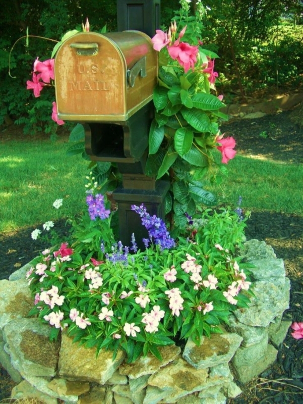 Elegant Mailbox Surrounded by Vibrant Garden Flowers