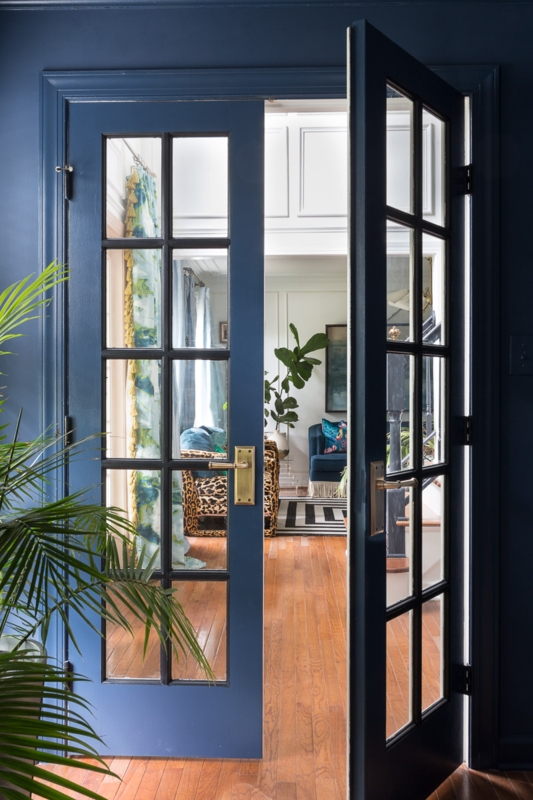 Elegant Navy Blue French Interior Doors with Brass Handles