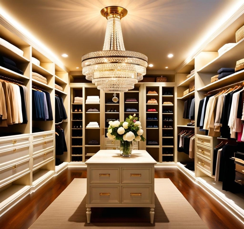 Elegant Petite Crystal Chandelier in Luxurious Walk-In Closet