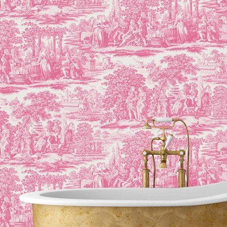 Elegant Pink Garden Toile Wallpaper Behind Vintage Bathtub