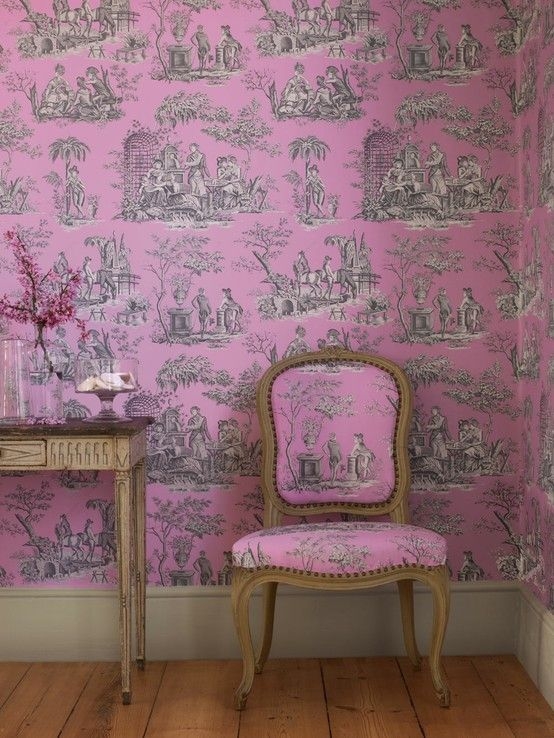 Elegant Pink Toile Wallpaper and Upholstered Chair