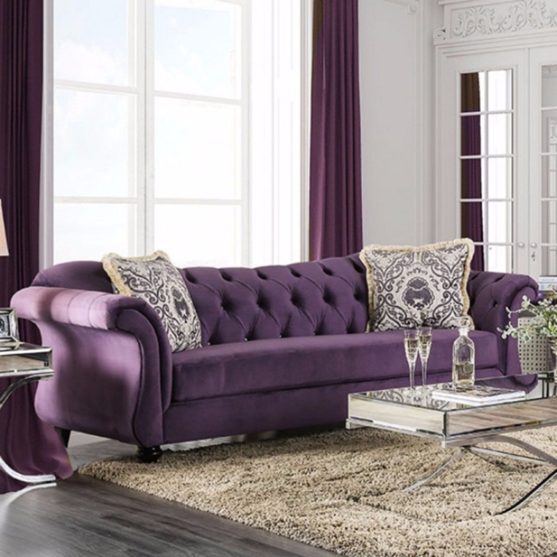 Elegant Purple Tufted Sofa in Modern Living Room