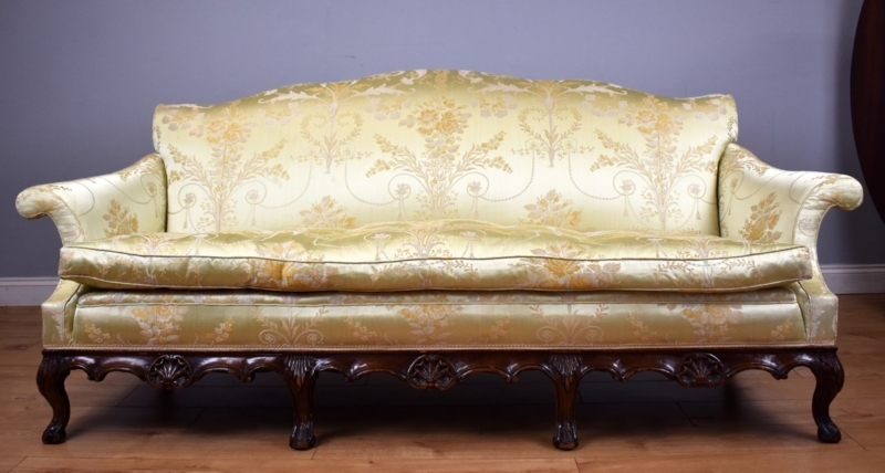 Elegant Queen Anne Style Sofa with Damask Upholstery