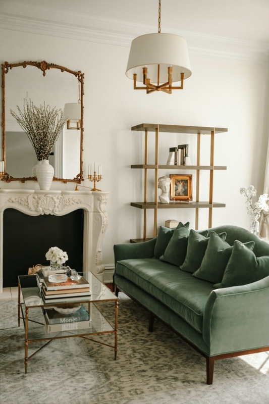 Elegant Sage Green Velvet Sofa in Classic Living Room
