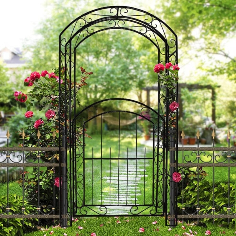 Elegant Steel Garden Arch with Rose-Clad Gate