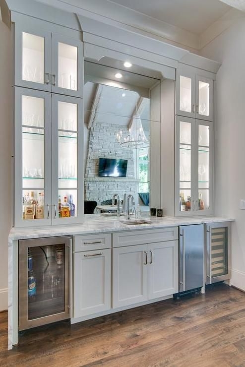 Elegant Tall White Built-in Wet Bar with Mirror