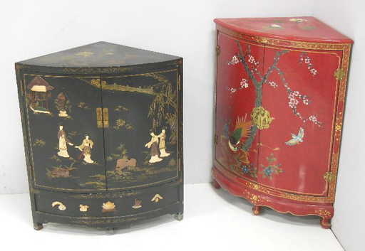 Elegant Two-Tone Chinese Corner Cabinets with Floral Designs
