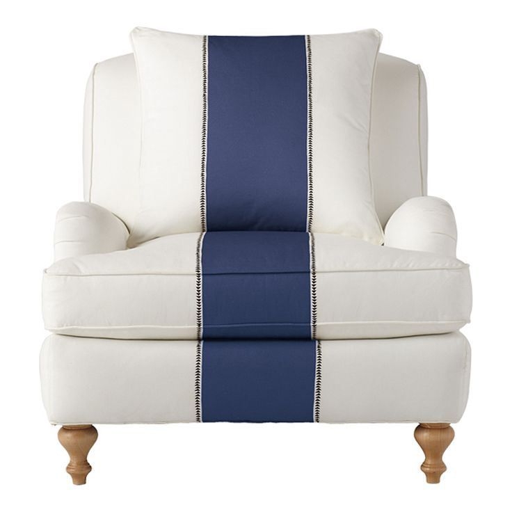 Elegant White Armchair with Navy Blue Stripe