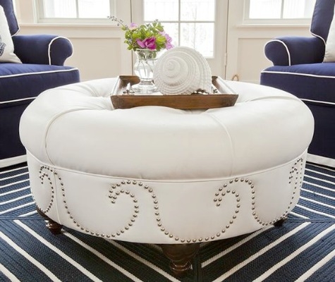 Elegant White Coastal Nautical Ottoman with Nailhead Trim