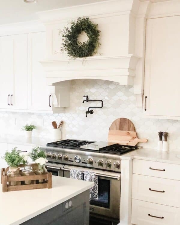 Elegant White Farmhouse Range Hood Kitchen Design