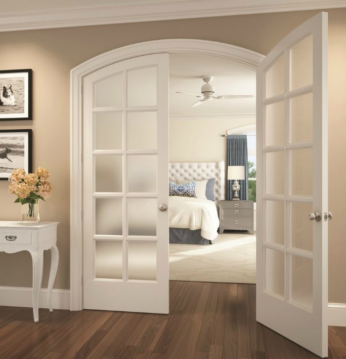 Elegant White French Doors with Frosted Glass Panels