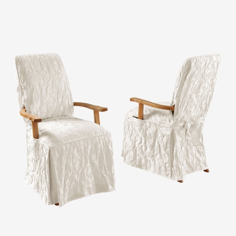 Elegant White Matelasse Long Dining Chair Covers with Arms