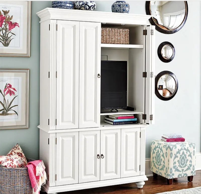 Elegant White TV Cabinet with Navy and Floral Accents