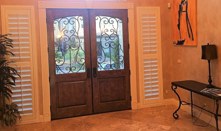 Elegant Wooden Front Door with Decorative Sidelight Shutters