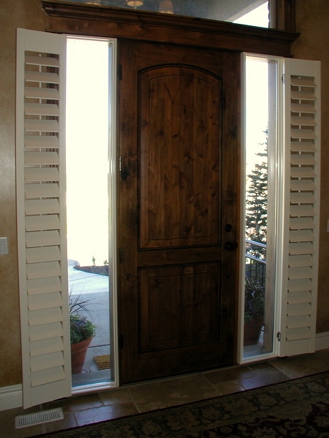 Elegant Wooden Front Door with White Sidelight Shutters