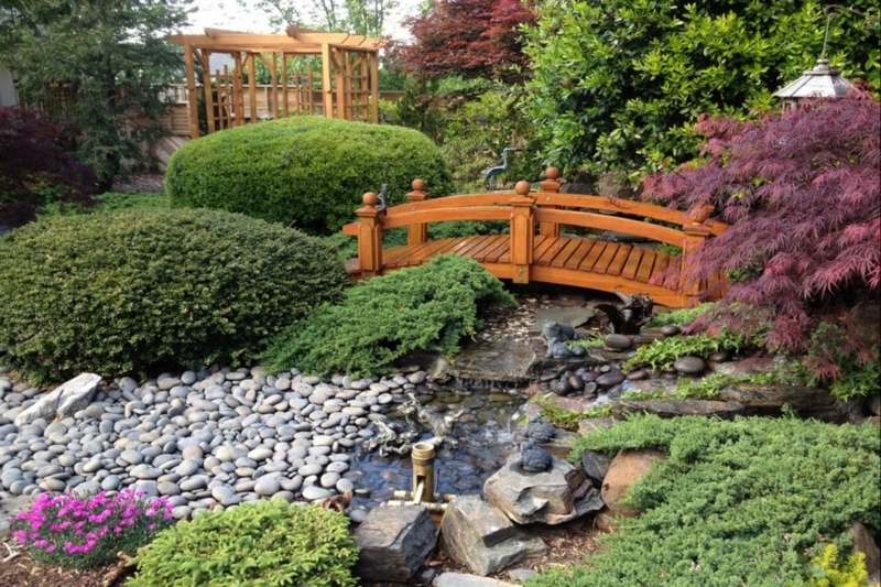 Elegant Wooden Garden Bridge in Lush Landscape