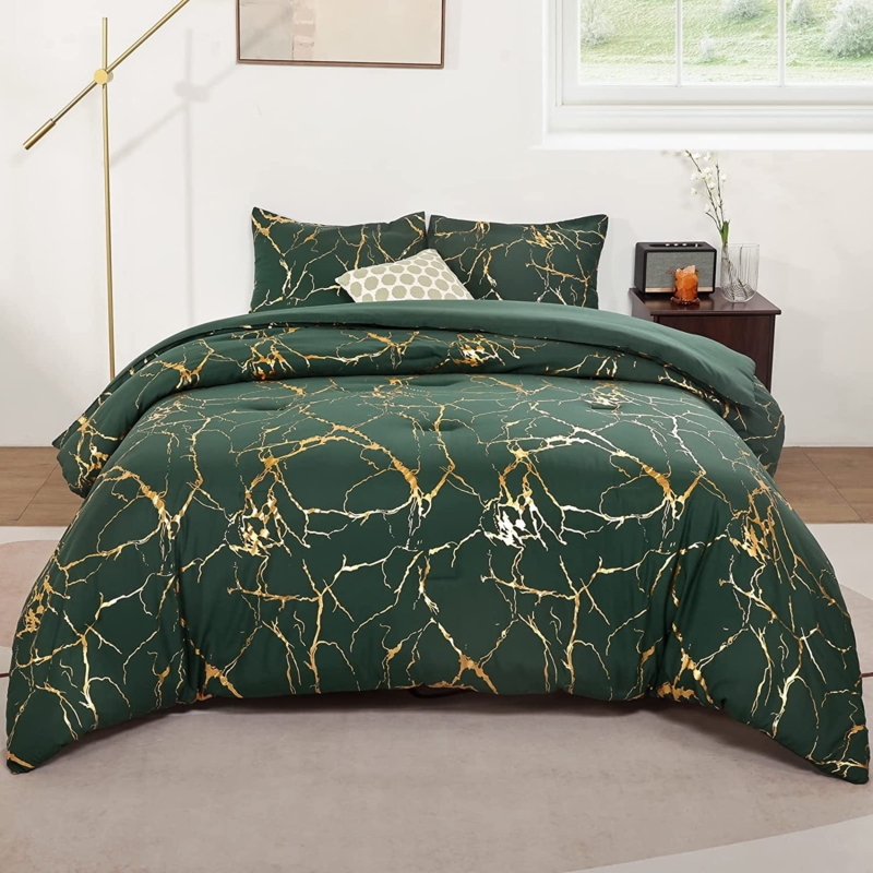 Emerald Green Comforter Set with Gold Marble Accents