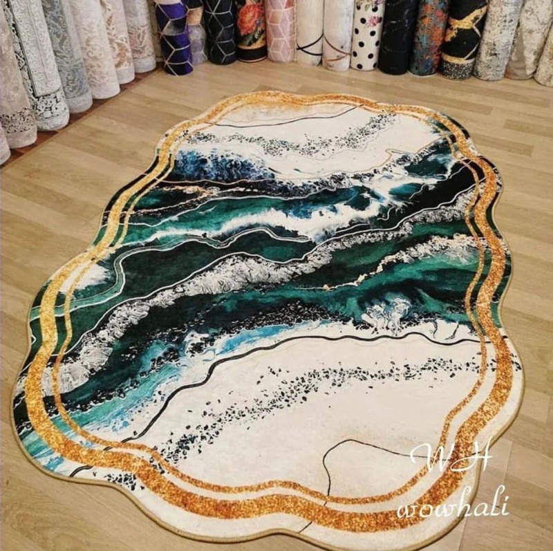 Emerald Green Marble Gold Asymmetric Area Rug