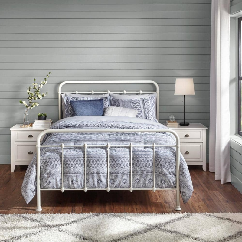 Farmhouse White Metal King Bed with Cozy Bedding