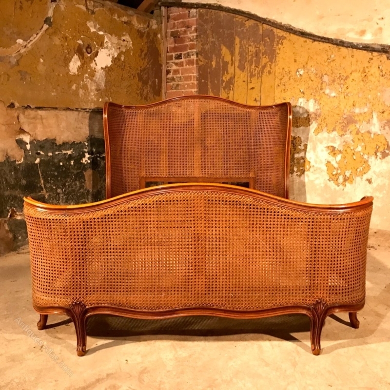 French Antique Cane Double Bed with Curved Headboard