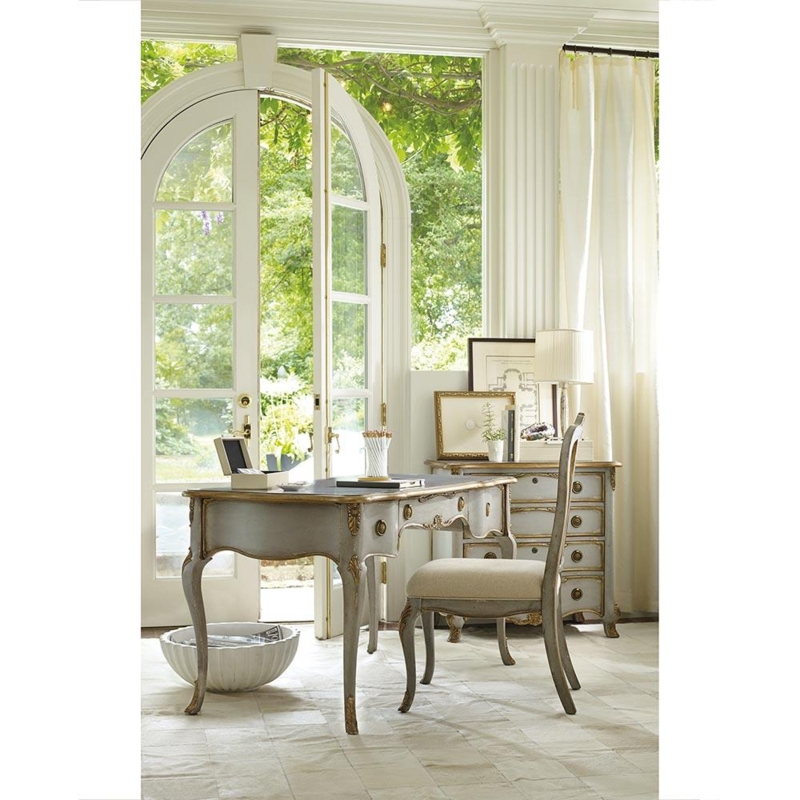 French Country Grey Wood Writing Desk with Gold Accents