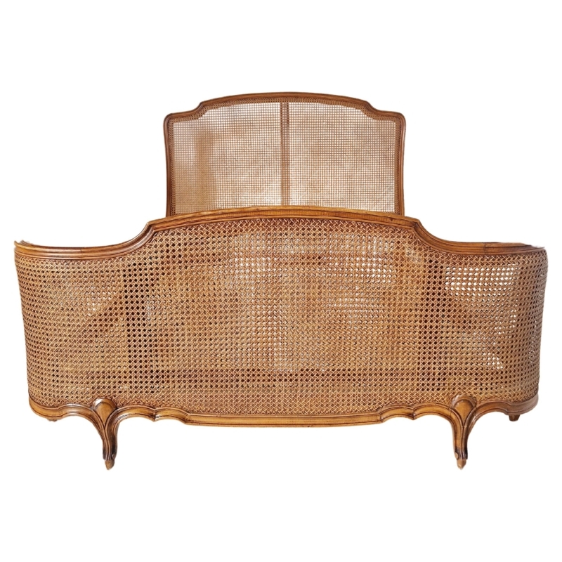 French Louis XV Style Cane Bed with Gold Lacquer