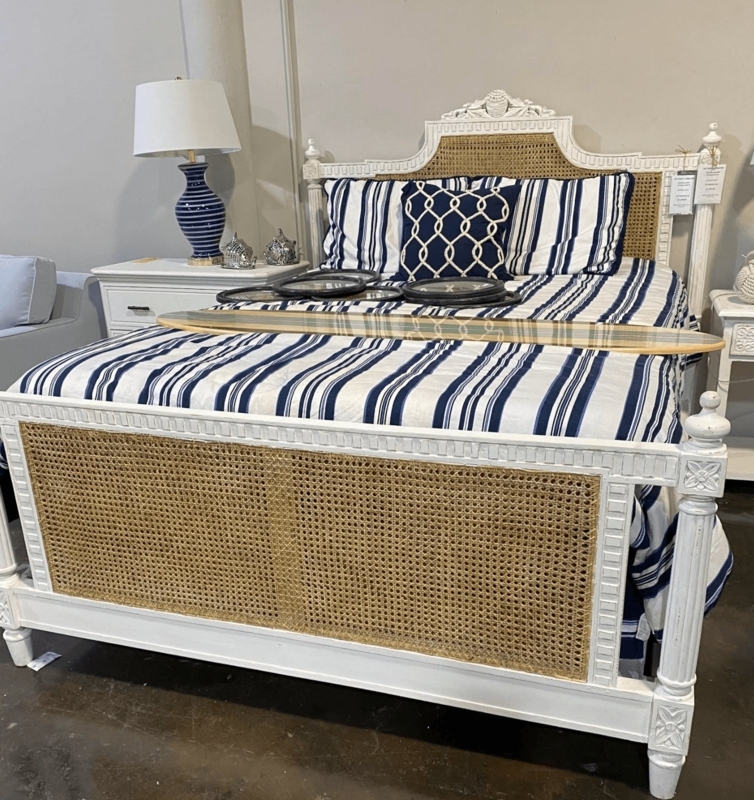 French Medallion Cane Bed with Classic Striped Bedding