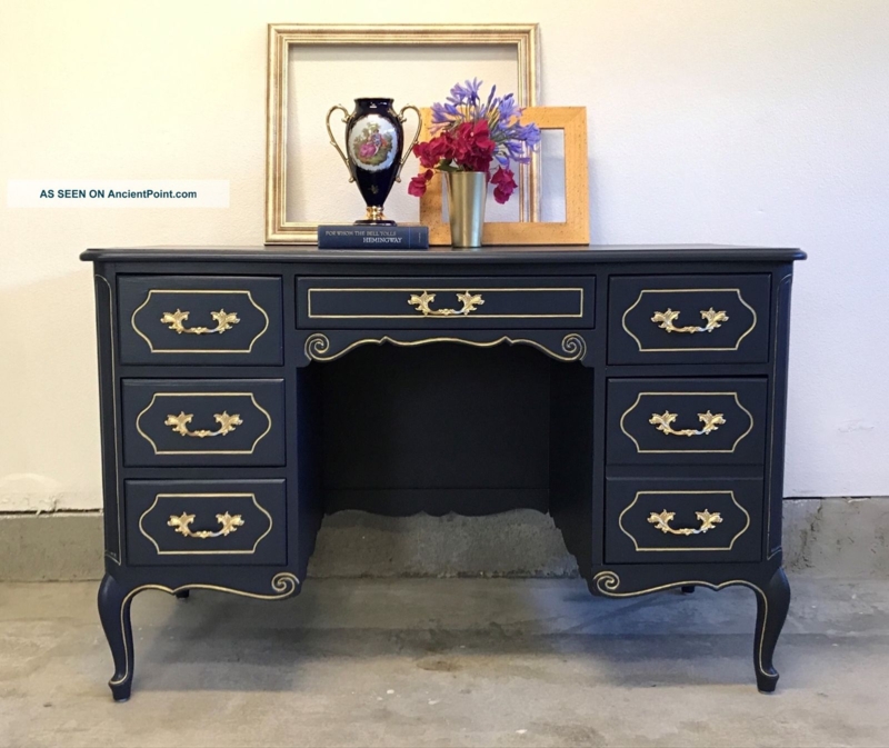 French Provincial Dark Wood Desk with Gold Details