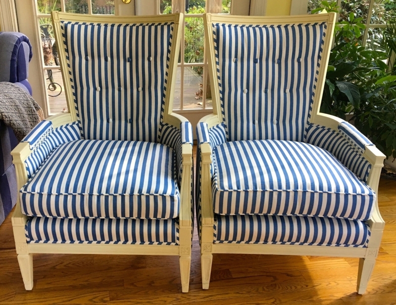 French Style Blue and White Striped Armchairs