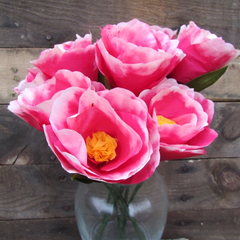 Fuchsia Variegated Camellia Paper Bouquet in Vase