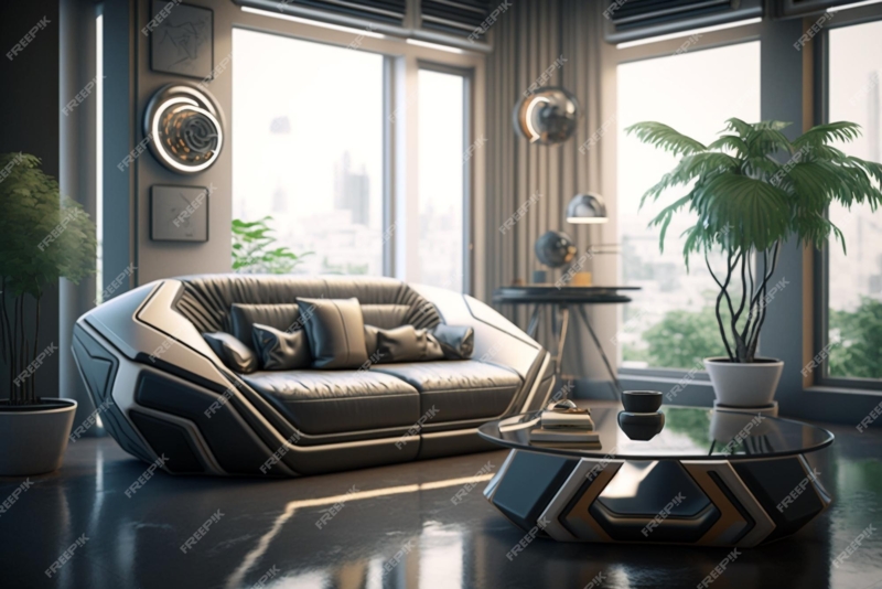 Futuristic Living Room with Modern Sofa and Coffee Table
