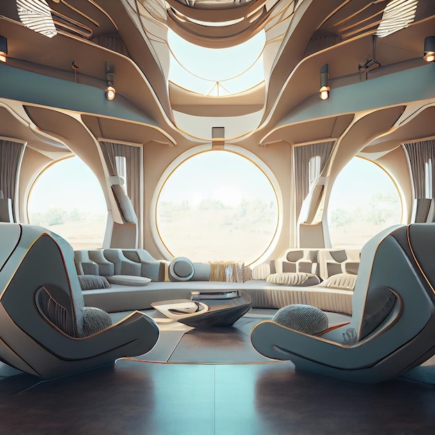 Futuristic Spaceport Lounge with Circular Window Design