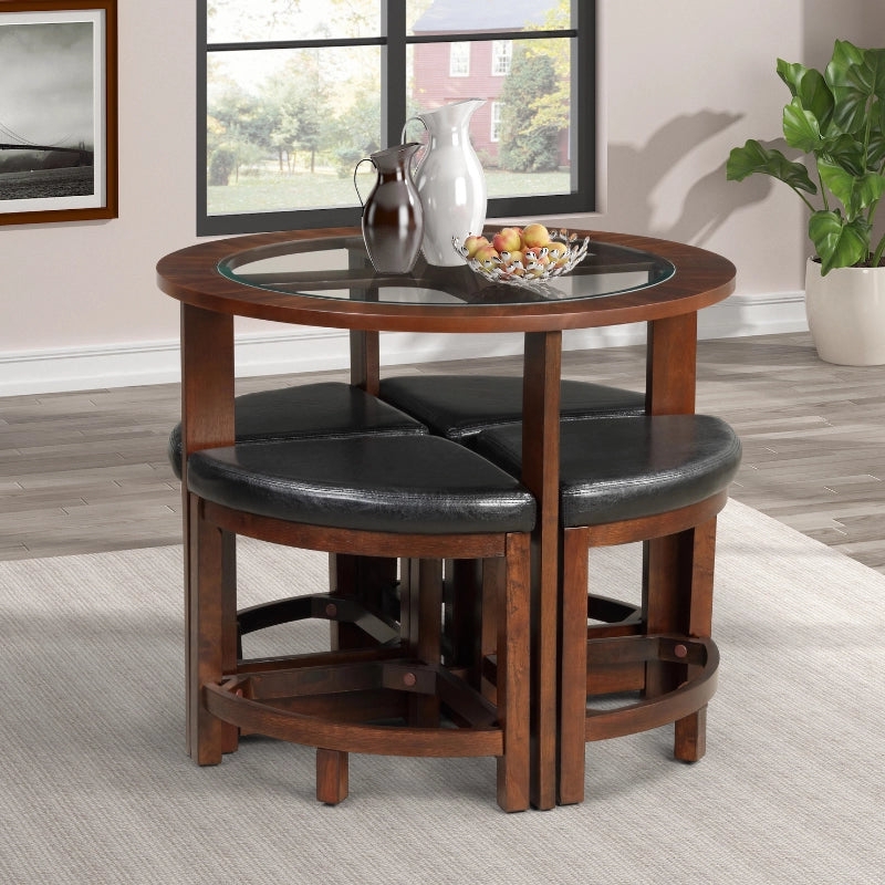 Glass Top Round Nesting Dining Table with Upholstered Chairs